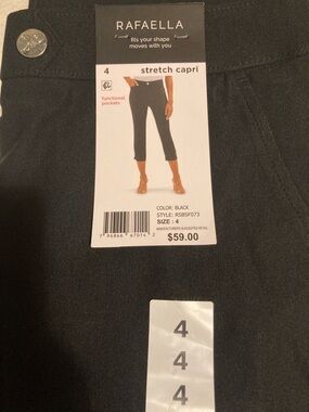 New with tags. Rafaella Black Stretch Capri with Functional Pockets. Size 4